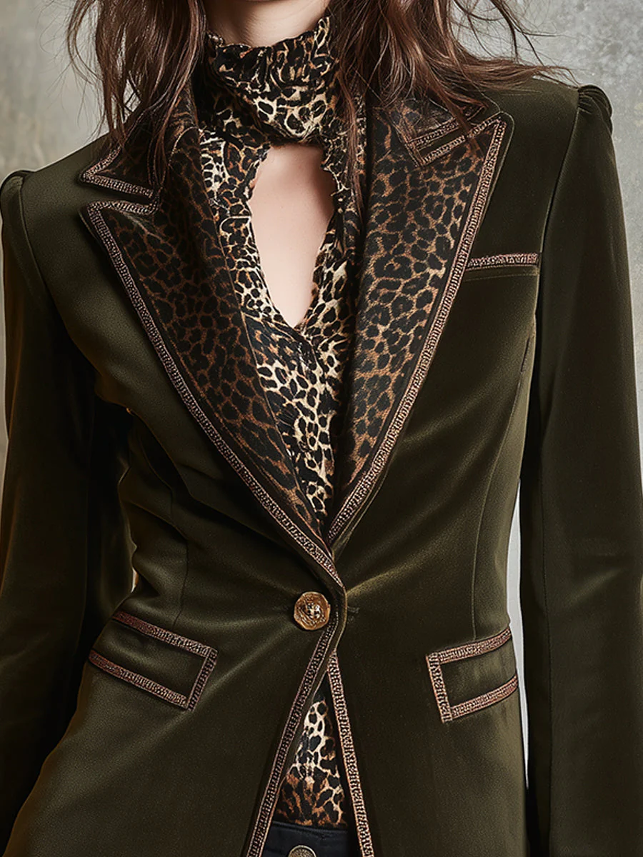 Quiet Luxury Leopard Print Stitching Polyester Velvet Blazer - Image 2