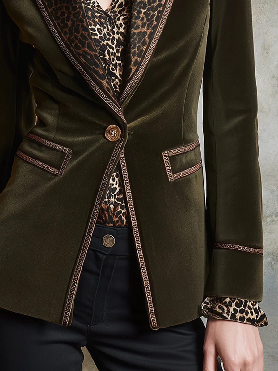 Quiet Luxury Leopard Print Stitching Polyester Velvet Blazer - Image 3