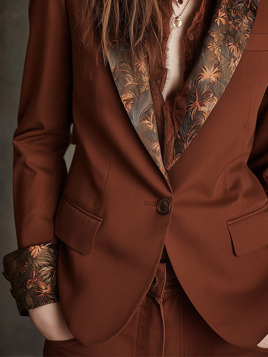 Quiet Luxury Retro Print One Button Slim Fit Blazer - Image 5