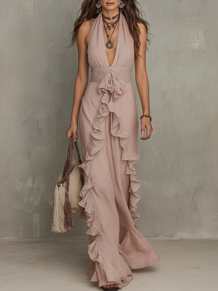 Quiet Romance Ruffle Bare Rose Halter Flow Maxi Dress
