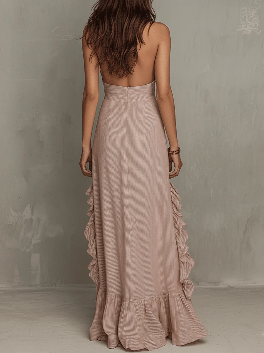Quiet Romance Ruffle Bare Rose Halter Flow Maxi Dress - Image 2