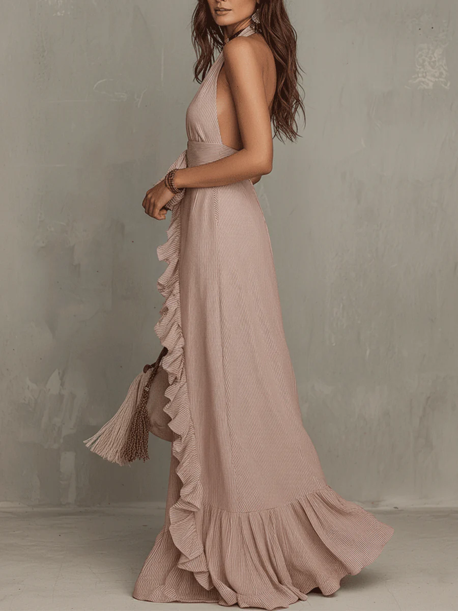 Quiet Romance Ruffle Bare Rose Halter Flow Maxi Dress - Image 3