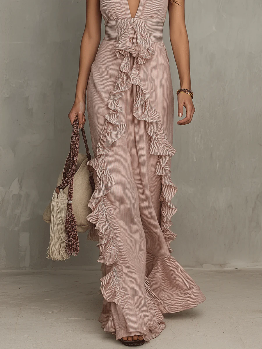 Quiet Romance Ruffle Bare Rose Halter Flow Maxi Dress - Image 5