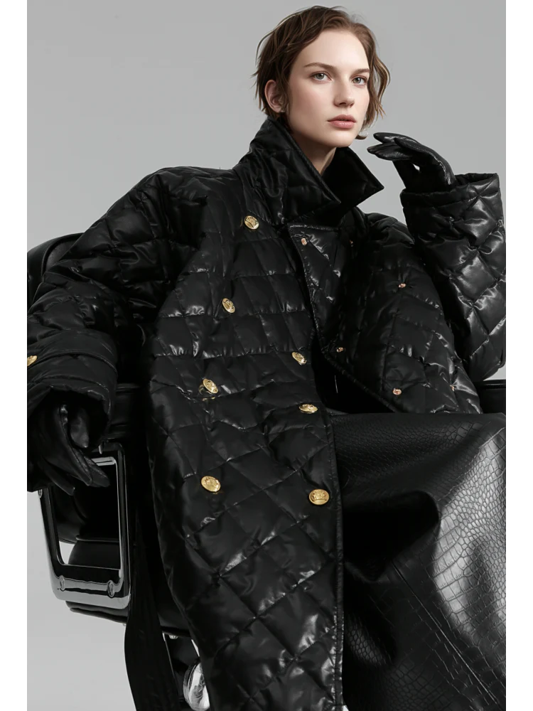 Quilted Lambskin Down Coat for Women – Elegant Mid-Length Slim Fit Jacket with Waist Design, White Duck Down Winter Outerwear