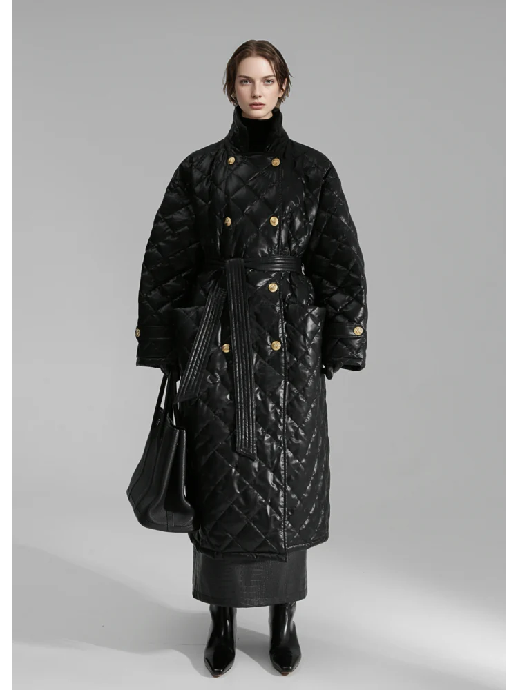 Quilted Lambskin Down Coat for Women – Elegant Mid-Length Slim Fit Jacket with Waist Design, White Duck Down Winter Outerwear - Image 5