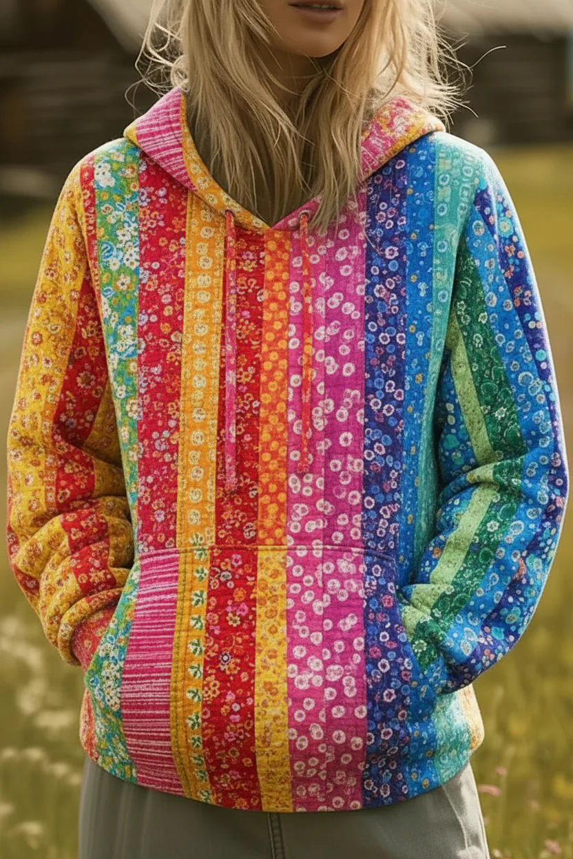 Rainbow Patchwork Quilted Hoodie - Colorful Cotton Sweatshirt