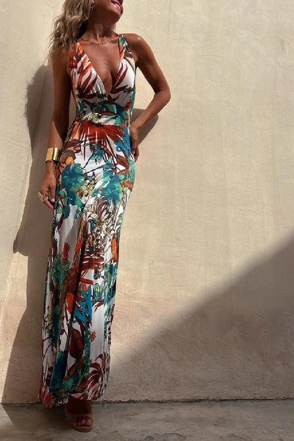 RAINFOREST PARADISE TROPICAL PRINT CUTOUT BACK CROSSOVER STRETCH MAXI DRESS - Image 15