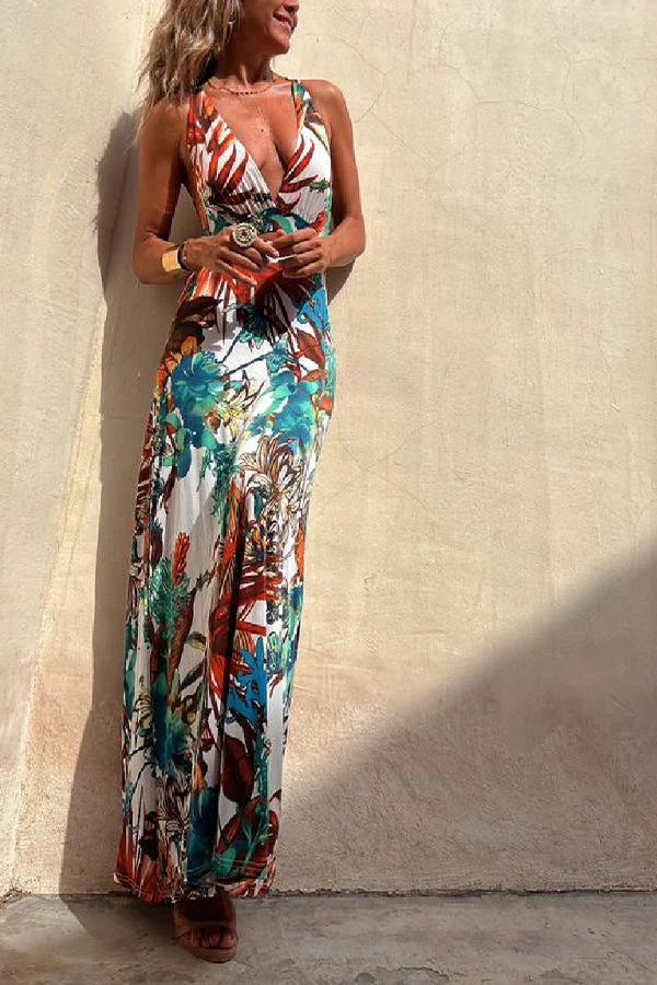 RAINFOREST PARADISE TROPICAL PRINT CUTOUT BACK CROSSOVER STRETCH MAXI DRESS - Image 7