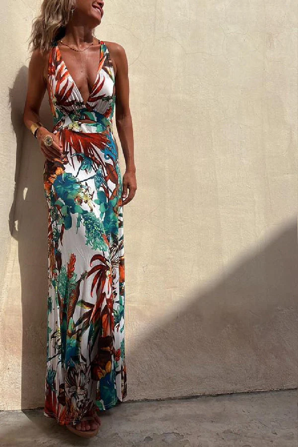 RAINFOREST PARADISE TROPICAL PRINT CUTOUT BACK CROSSOVER STRETCH MAXI DRESS - Image 8