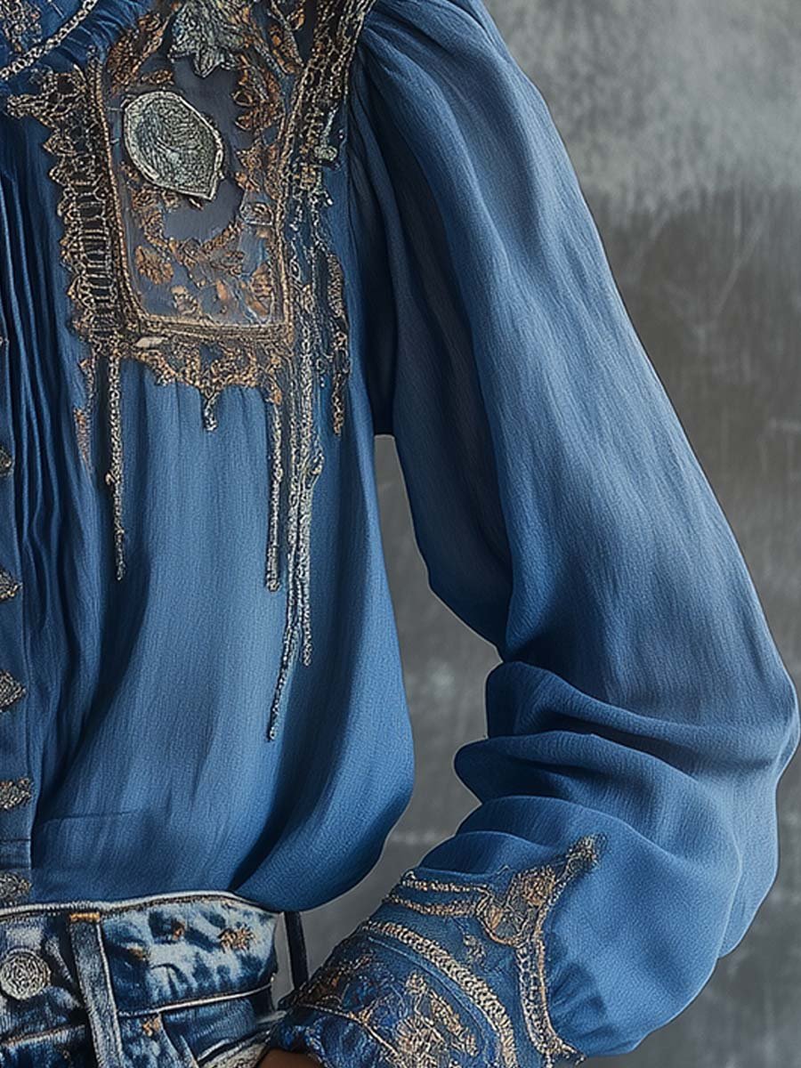 Regal Charm Embroidered Blue Lace Blouse - Image 3