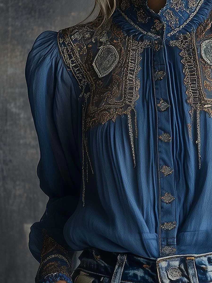 Regal Charm Embroidered Blue Lace Blouse - Image 4