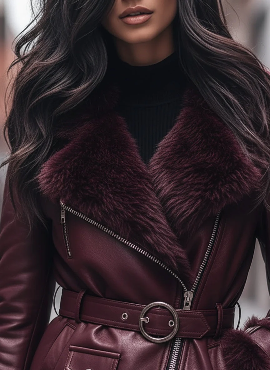 Regal Plum Shearling-Lined Moto Jacket - Image 2
