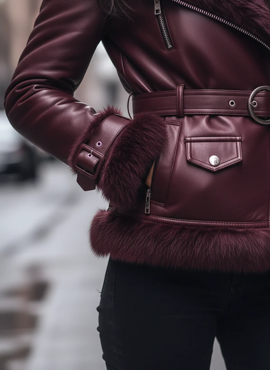 Regal Plum Shearling-Lined Moto Jacket - Image 3
