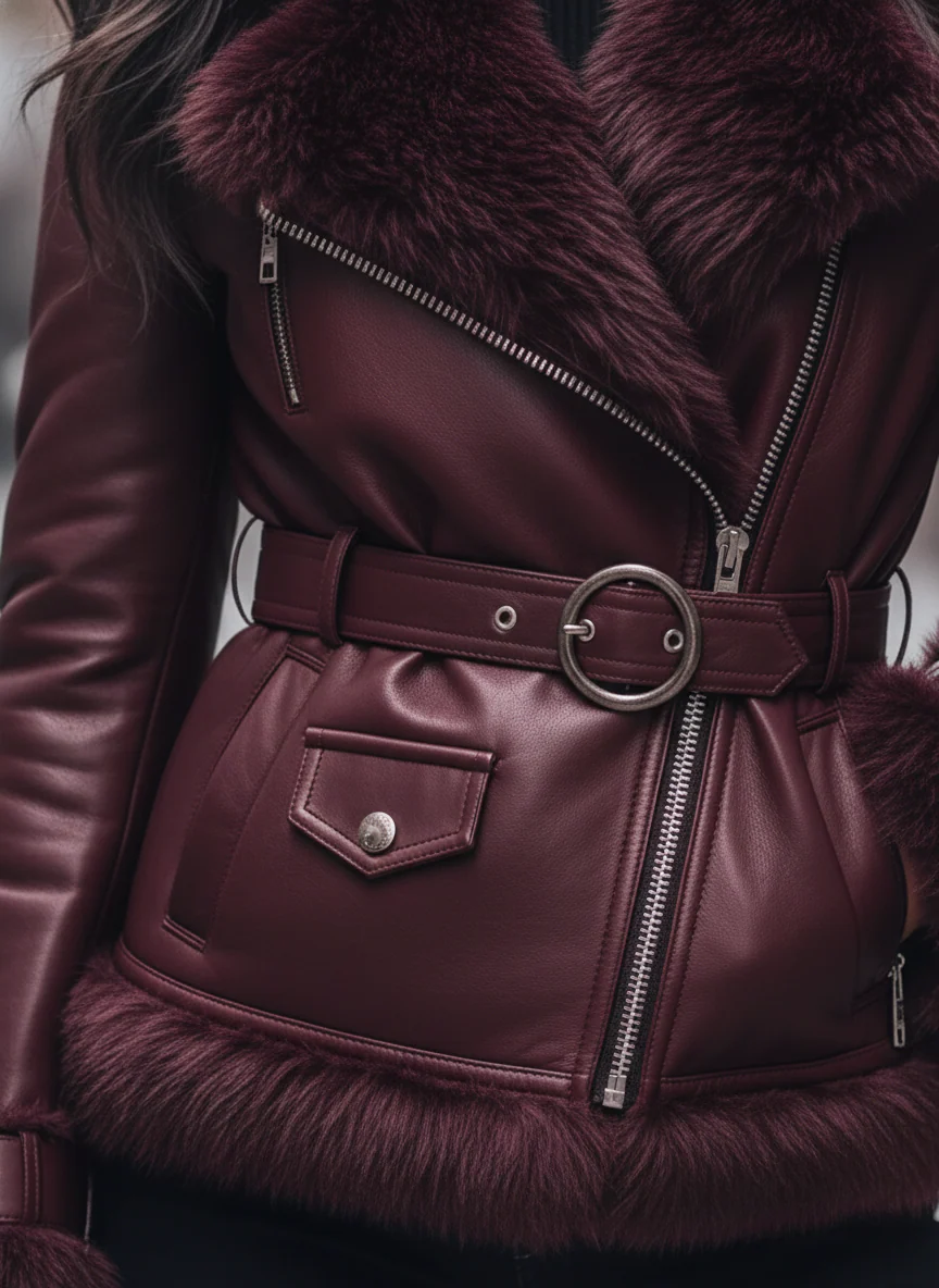 Regal Plum Shearling-Lined Moto Jacket - Image 4