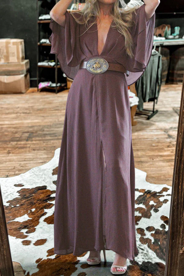 Beautiful Deep V-Neck Flowy Sleeves Leg Slit Dress - Image 3