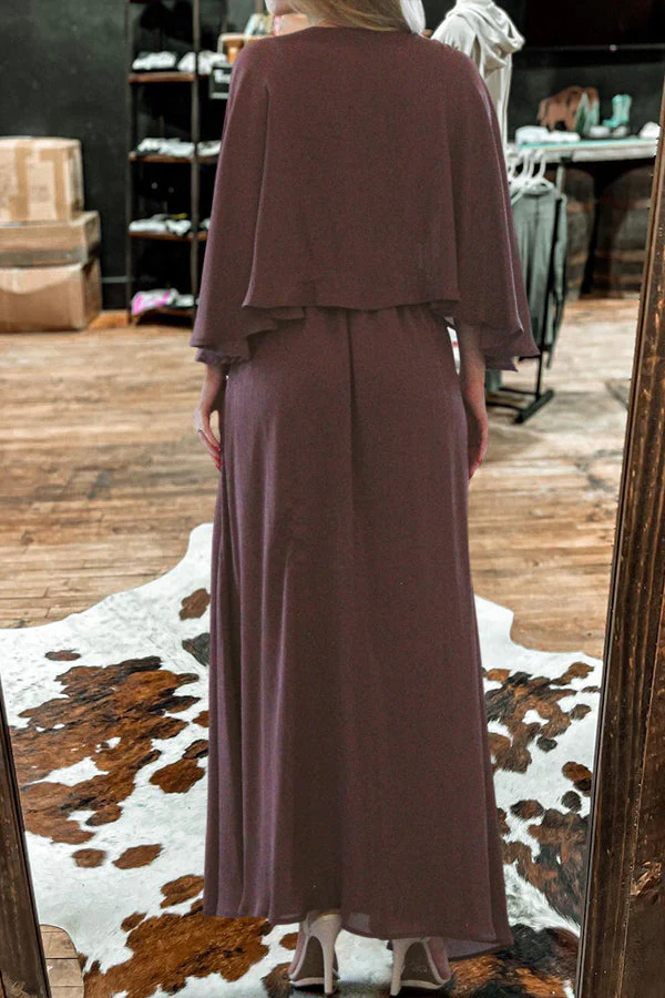 Beautiful Deep V-Neck Flowy Sleeves Leg Slit Dress - Image 4