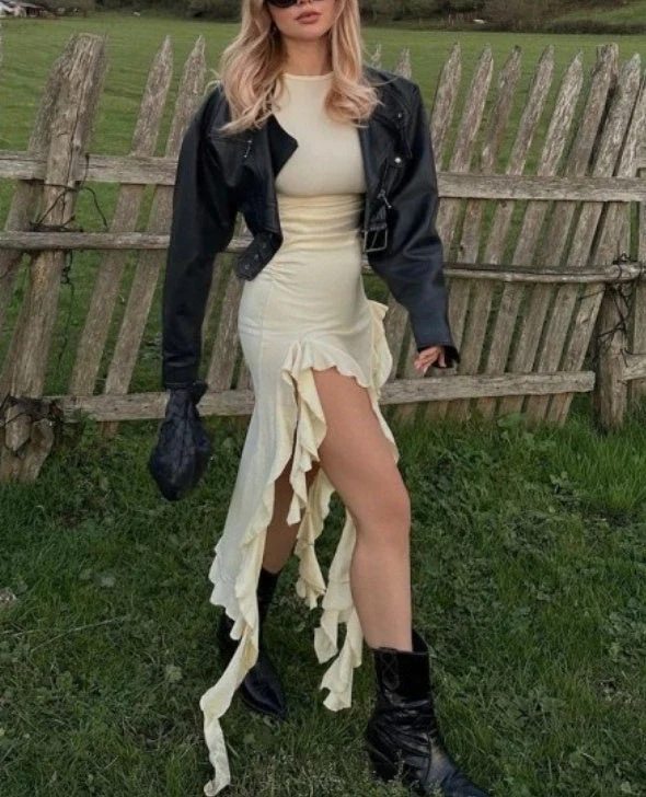 Green Sleeveless Ruffled Slit Dress - Image 3