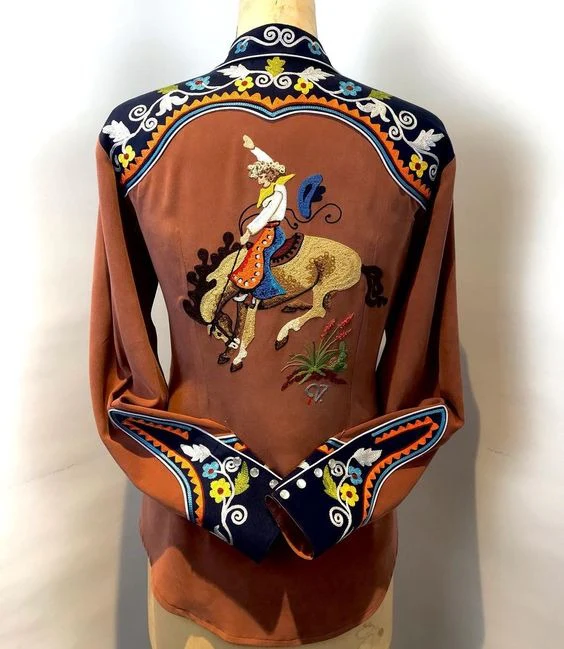 Vintage Western Print Brown Shirt - Image 2