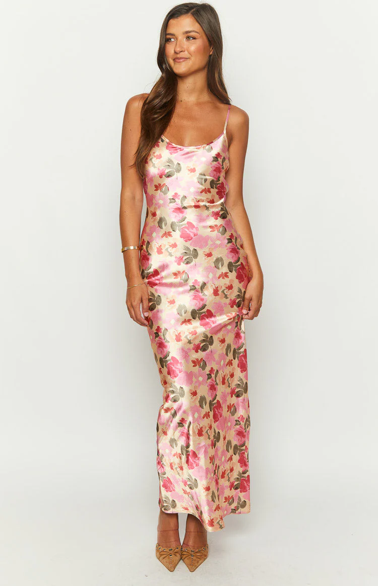 Renesmee Yellow Floral Print Satin Maxi Dress - Image 3