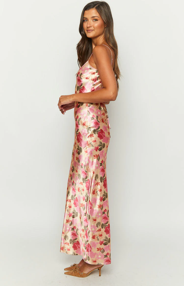 Renesmee Yellow Floral Print Satin Maxi Dress - Image 4