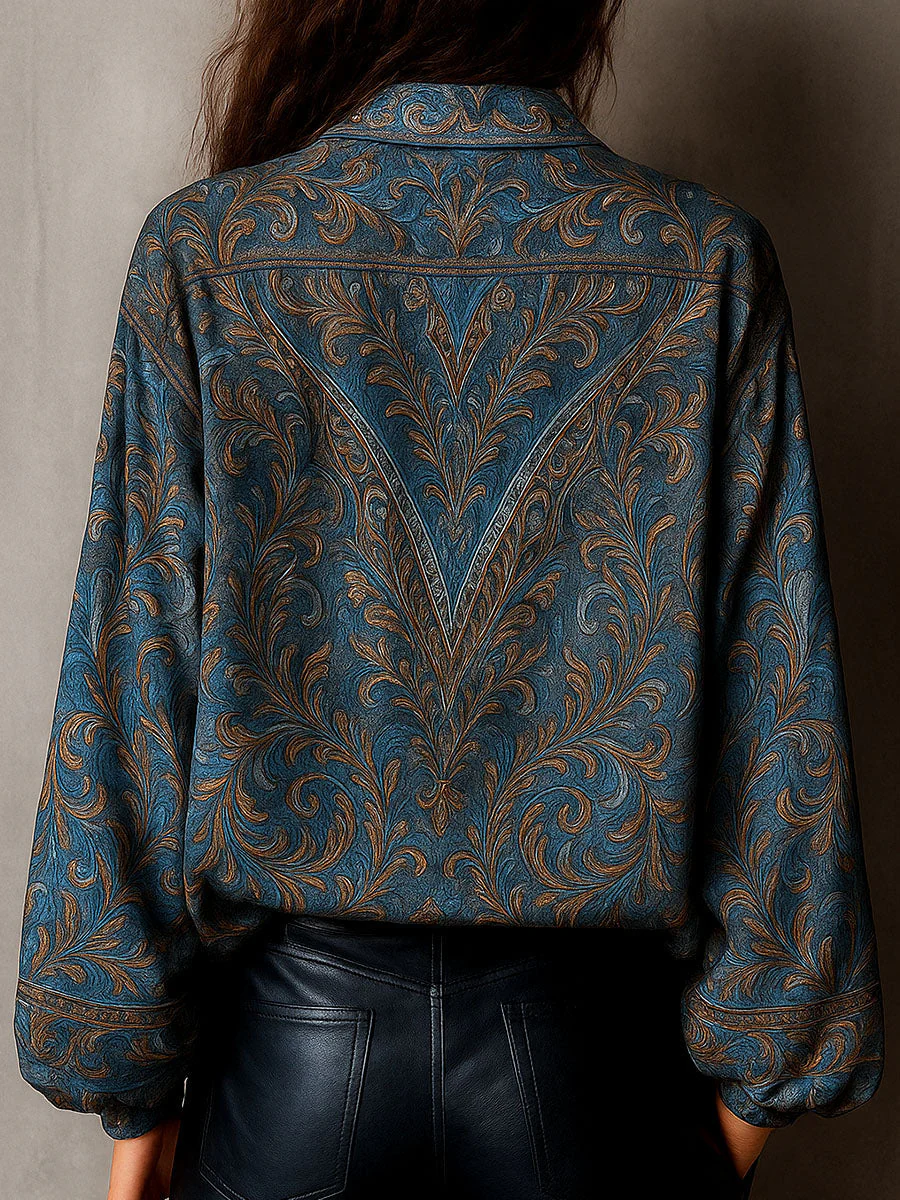 Retro Blue Bronze Baroque Paisley Print Loose Blouse - Image 3