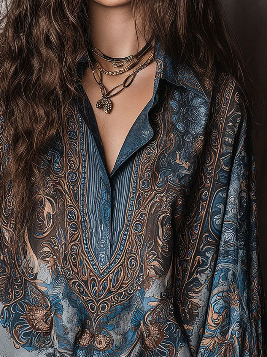 Retro Blue Bronze Baroque Paisley Print Loose Blouse - Image 4