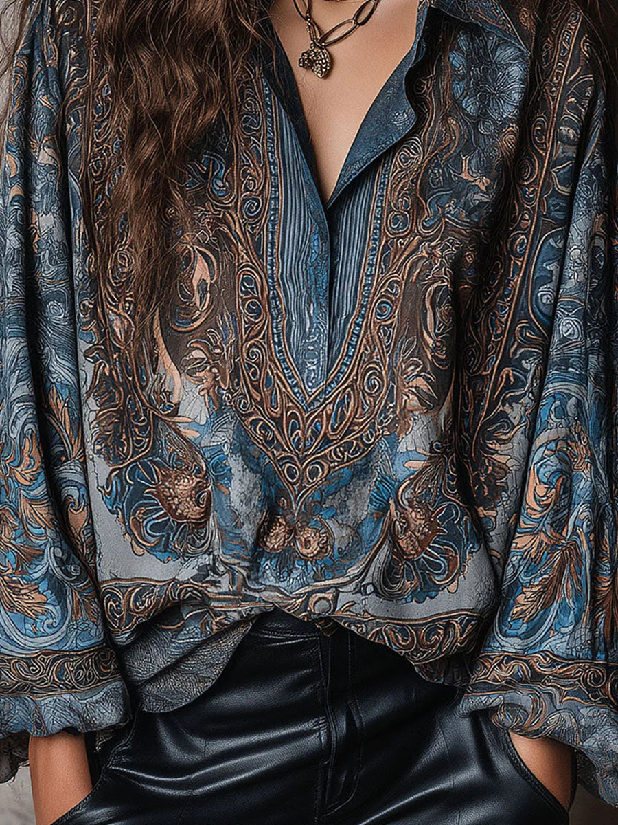 Retro Blue Bronze Baroque Paisley Print Loose Blouse - Image 5