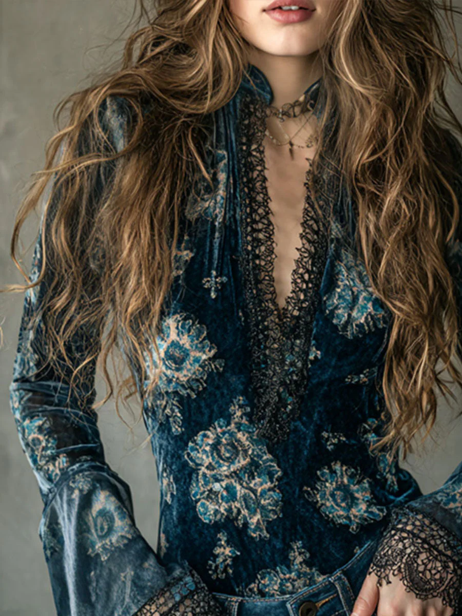 Retro Blue Floral Velvet Lace Blouse With Bell Sleeves - Image 2