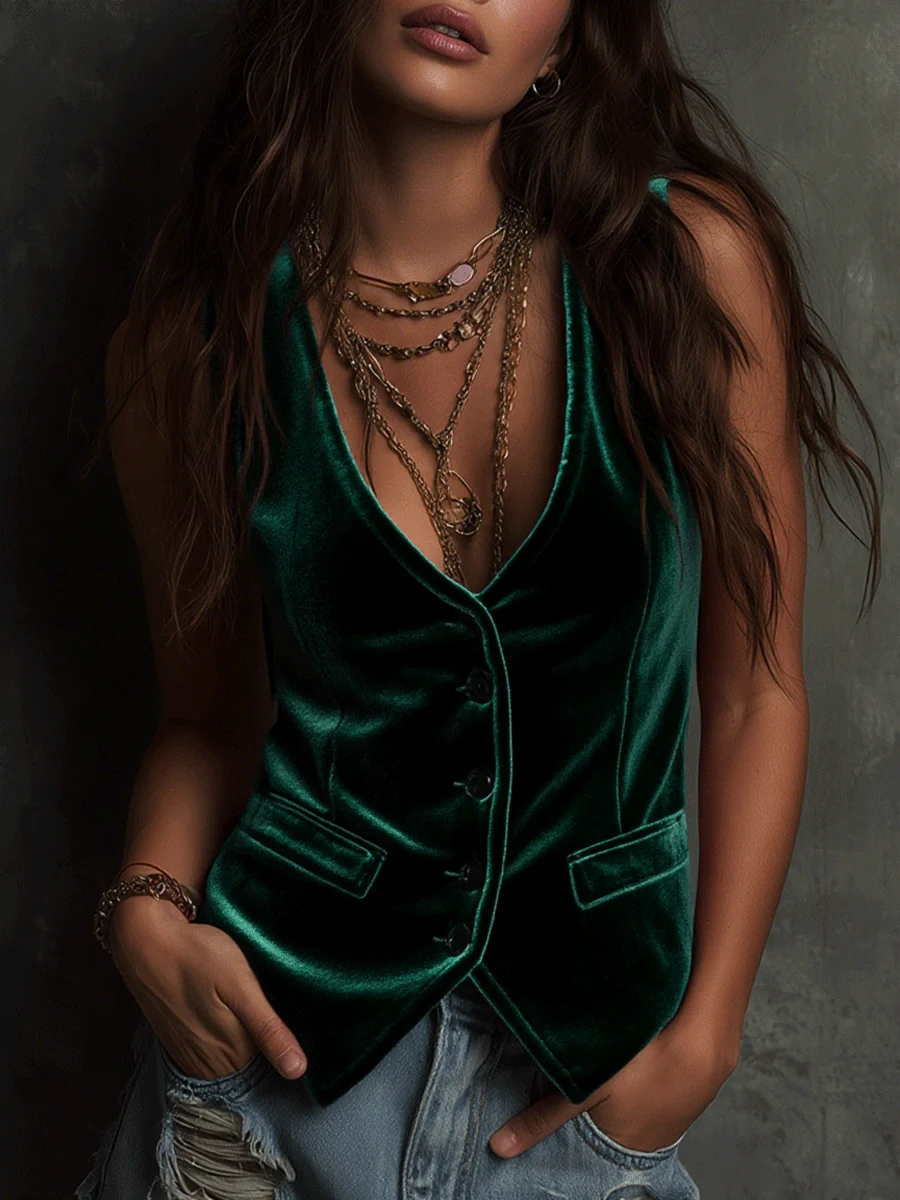 Retro Bohemian Bright Pink Velvet Vest - Image 5