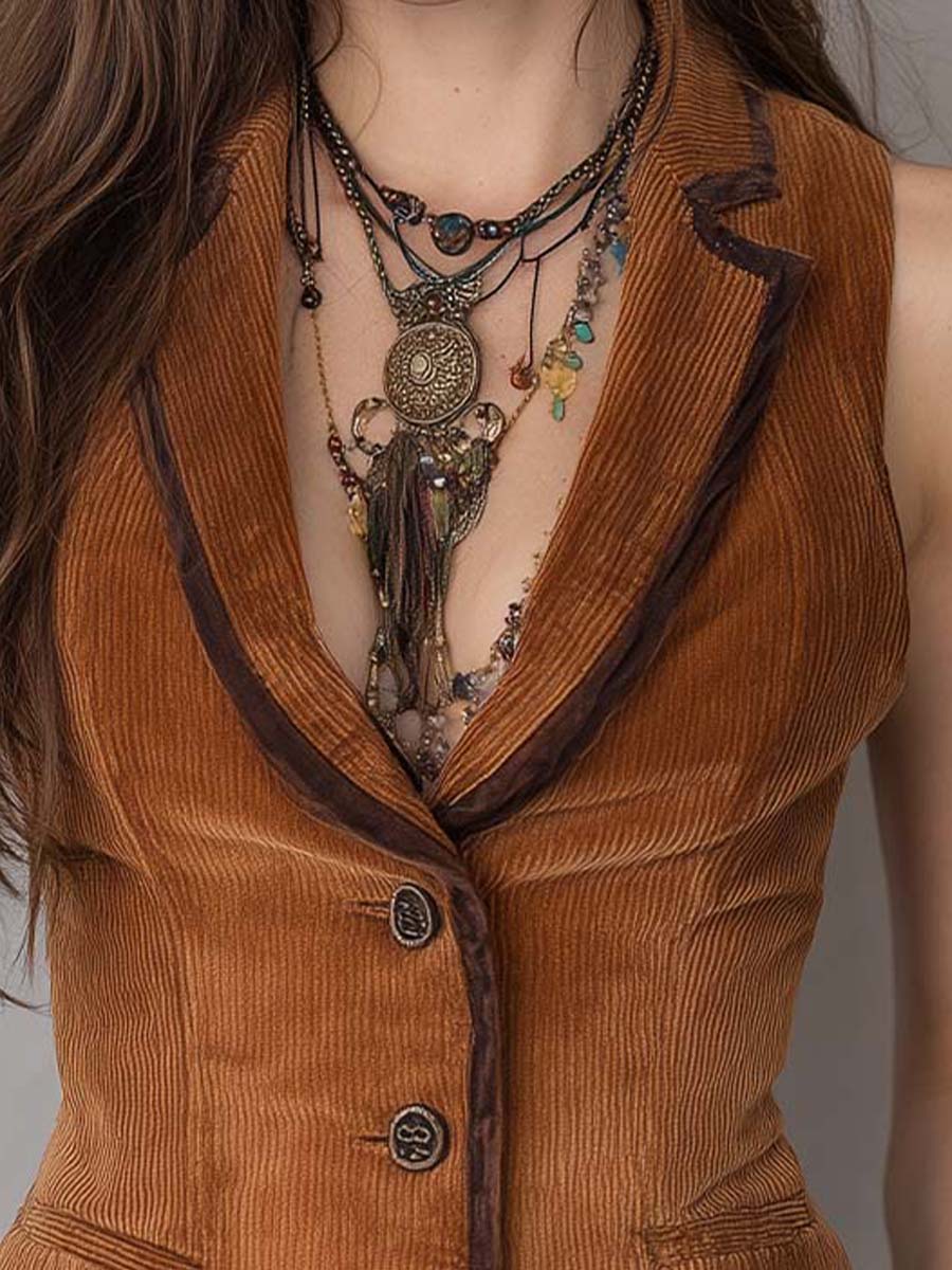 Retro Bohemian Contrast Piping Corduroy Slim Vest - Image 2