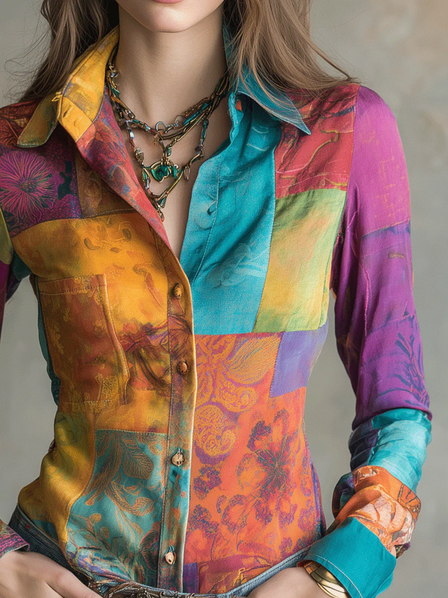 Retro Bohemian Multicolor Patchwork Button-Up Blouse - Image 2