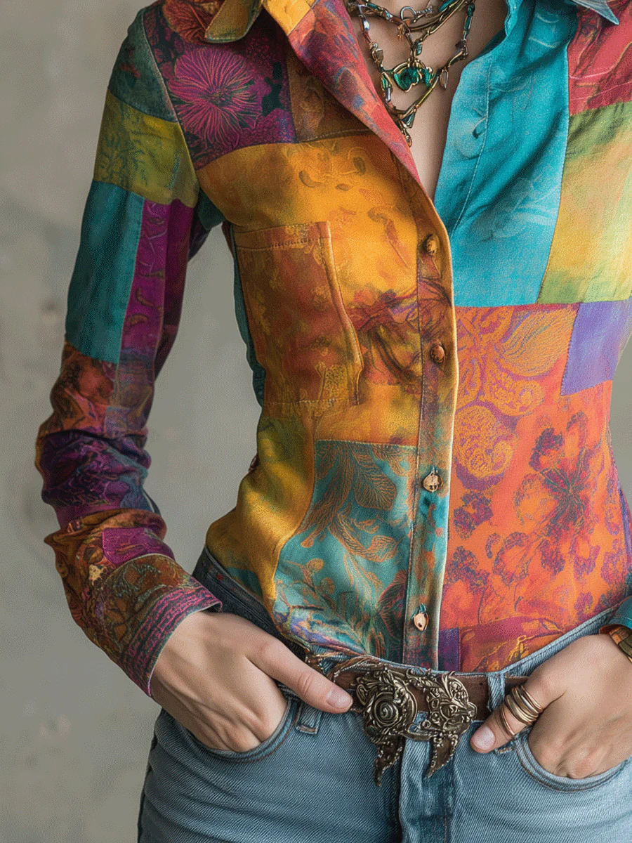 Retro Bohemian Multicolor Patchwork Button-Up Blouse - Image 3