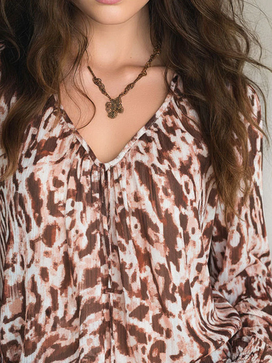 Retro Boho Flowy V-Neck Leopard Print Chiffon Blouse - Image 2