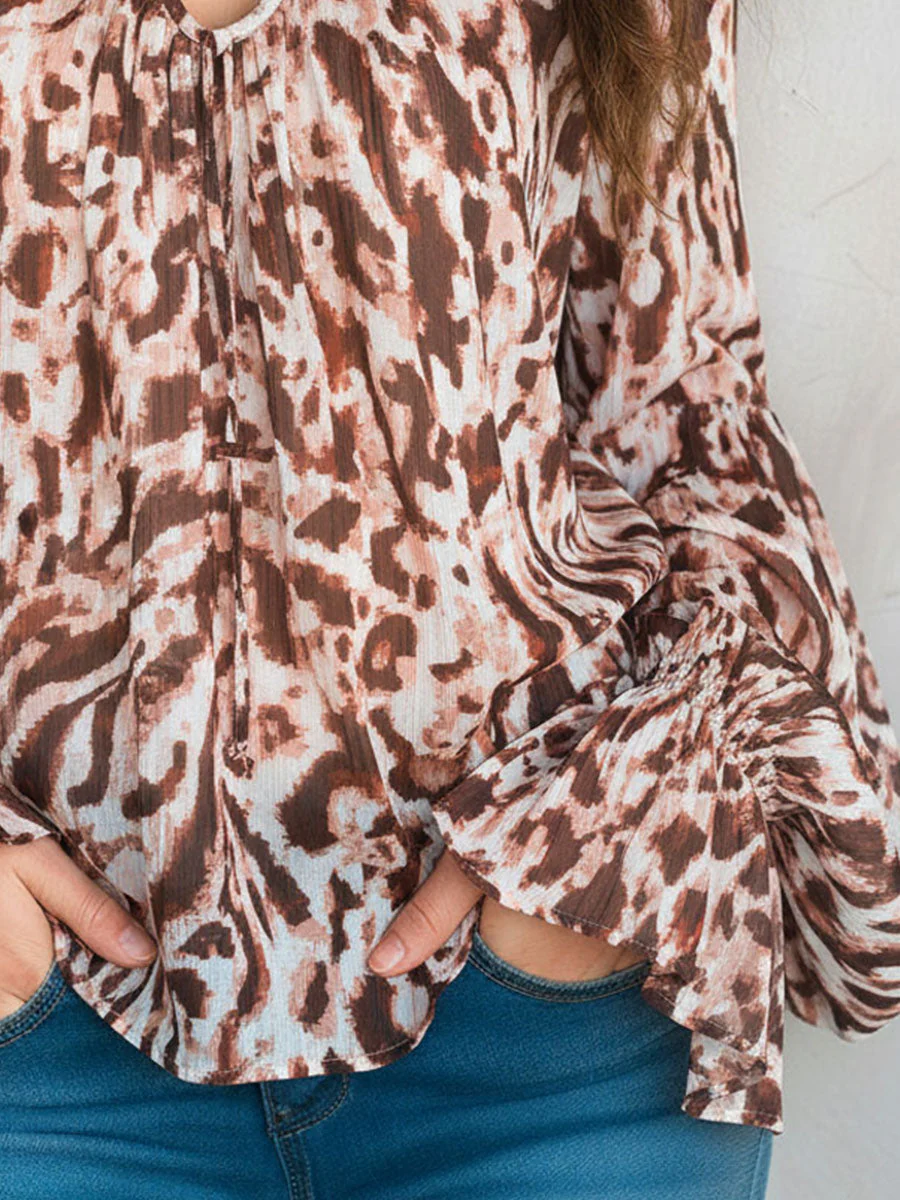 Retro Boho Flowy V-Neck Leopard Print Chiffon Blouse - Image 3