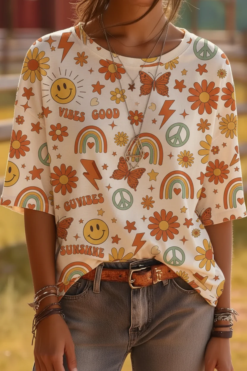 Retro Boho Print T-Shirt - Groovy Smiley & Daisy Tee