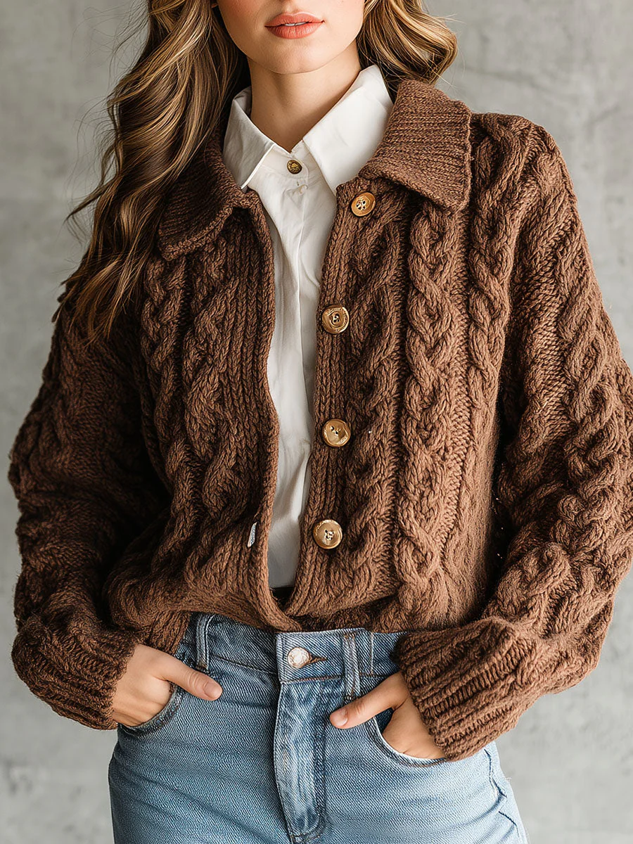 Retro Brown Chunky Cable Knit Cardigan With Collar