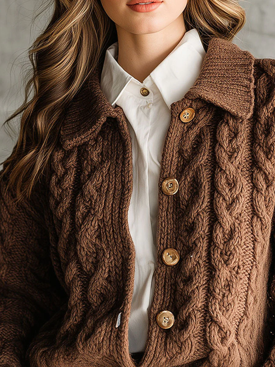 Retro Brown Chunky Cable Knit Cardigan With Collar - Image 2