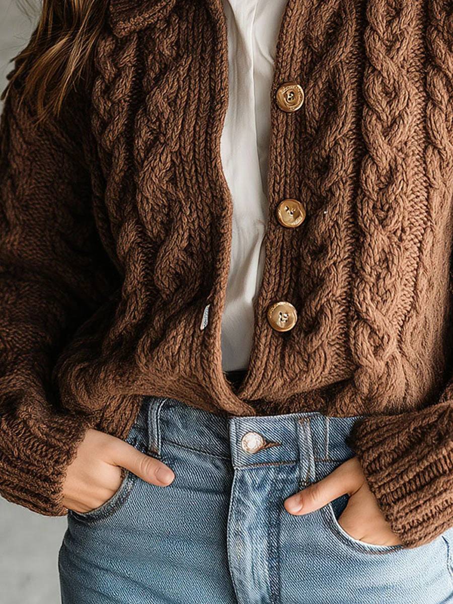 Retro Brown Chunky Cable Knit Cardigan With Collar - Image 3