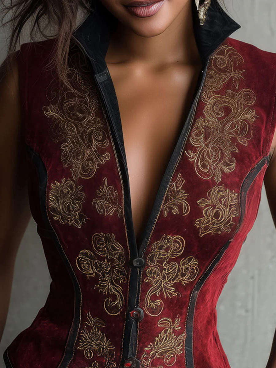 Retro Burgundy Microsuede Baroque Embroidered Vest With Contrast Collar - Image 2
