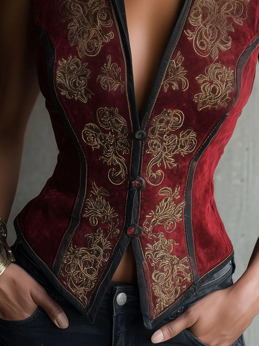 Retro Burgundy Microsuede Baroque Embroidered Vest With Contrast Collar - Image 3
