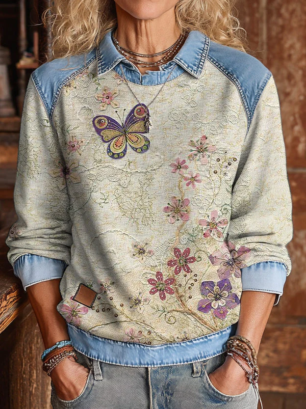 Retro Butterfly Flowers Art Print Patchwork Casual Cotton Sweatshirt