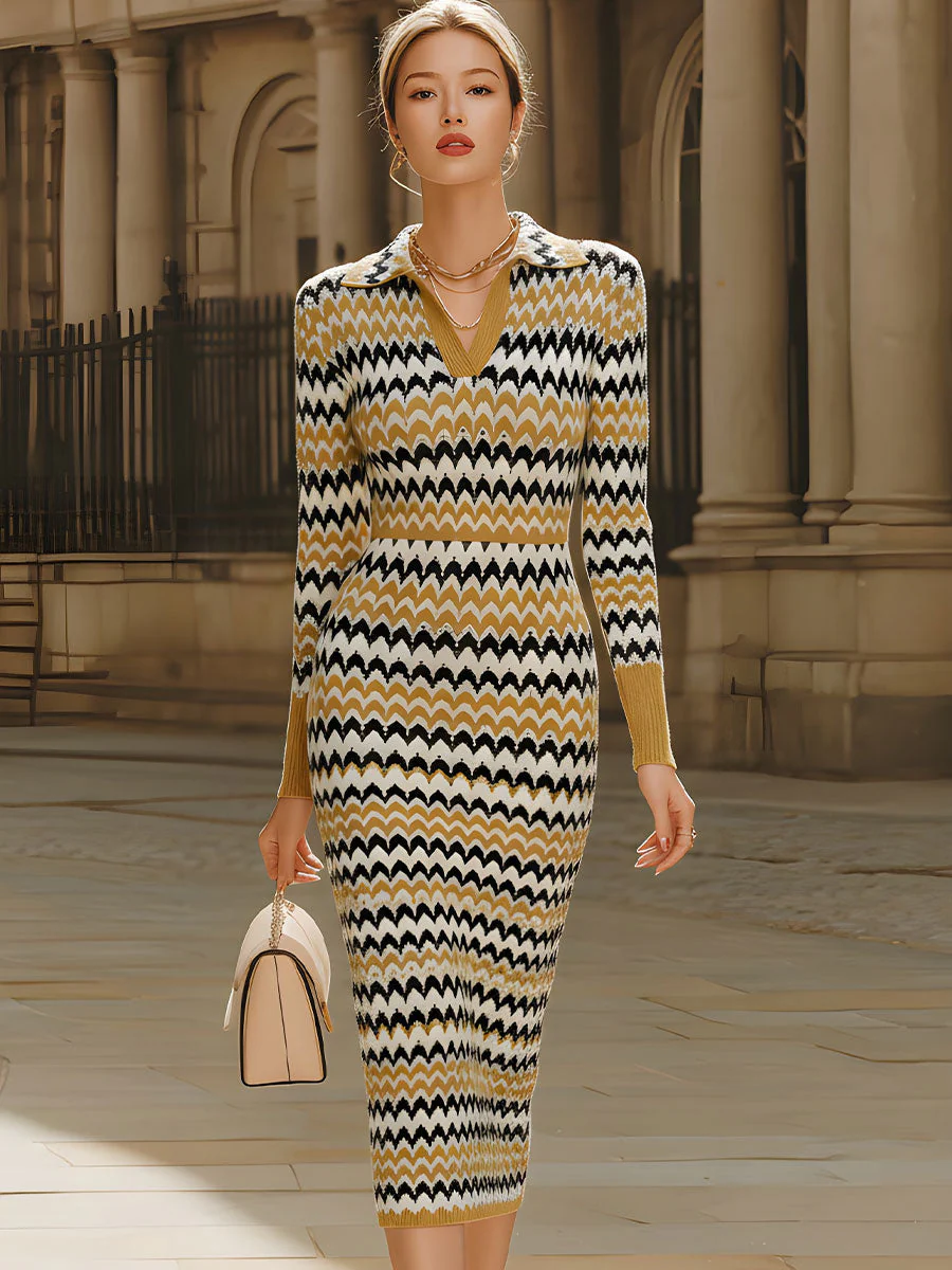 Retro Chevron Print Polo Collar Knit Midi Dress - Image 2