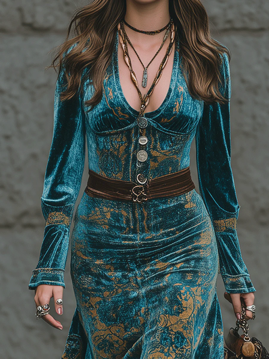 Retro-Chic Luxury Blue-Green Velvet Ruffled Hem Midi Dress - Image 2