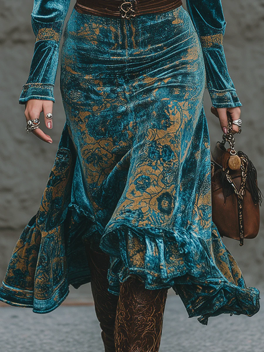 Retro-Chic Luxury Blue-Green Velvet Ruffled Hem Midi Dress - Image 3