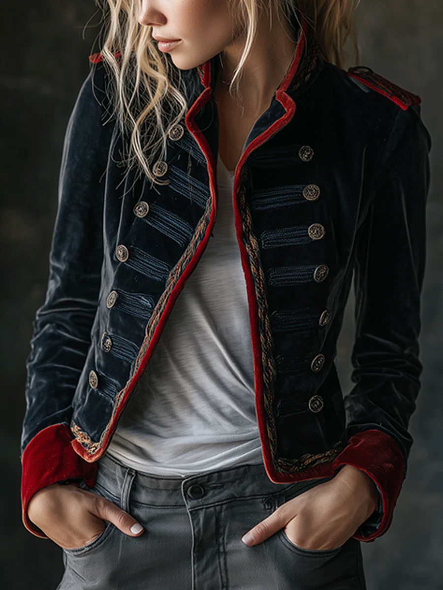 Retro Chic Velvet Military Style Double-Breasted Jacket