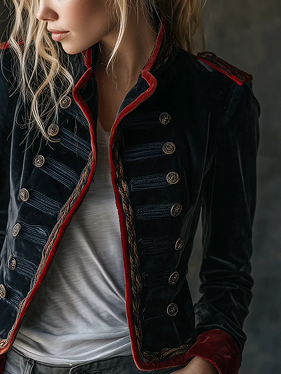 Retro Chic Velvet Military Style Double-Breasted Jacket - Image 3