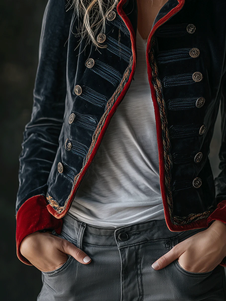 Retro Chic Velvet Military Style Double-Breasted Jacket - Image 4