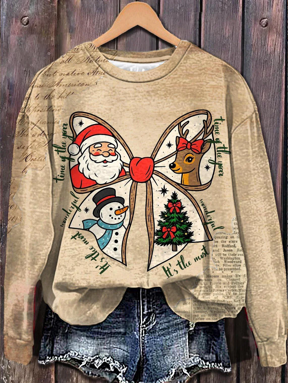Retro Christmas Bow Printed Long Sleeve Casual Top