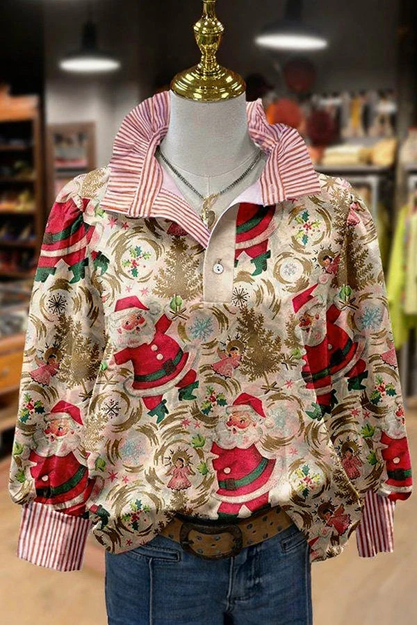 Retro Christmas Santa Striped Collar Long Sleeve Top
