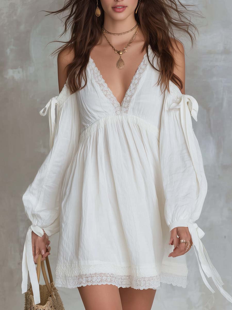 Retro Cold-shoulder Lace Trim White Mini Dress